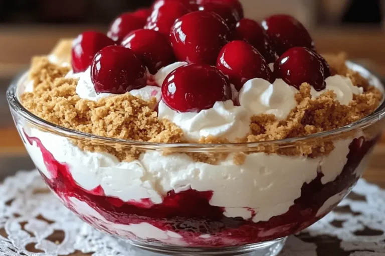 Cherry cheesecake fluff in glass bowl